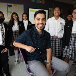 Maestro rodeado de sus alumnos.