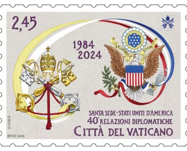 A 2.45-euro ($2.75) Vatican stamp featuring the seals of the Holy See and the United States celebrates the 40th anniversary of the two establishing full diplomatic relations and was scheduled to be released at the Vatican Sept. 16. (CNS photo/courtesy of the Vatican Philatelic and Numismatic Office)