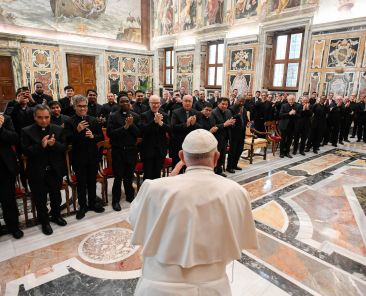 Pope Francis greets members of the Oblates of St. Joseph at the Vatican Aug. 26, 2024, urging them to stay close to Jesus through prayer and Eucharistic adoration. (CNS photo/Vatican Media)