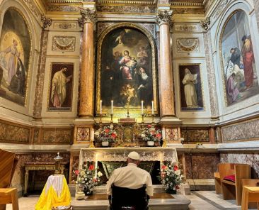 Pope Francis stops to pray before the tomb of St. Monica in the Rome basilica named for her son, St. Augustine, on the feast of St. Monica, Aug. 17, 2024. (CNS photo/Vatican press office) Editors: best quality available.