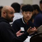 Father Elmer Herrera-Guzman, pastoral administrator of Holy Cross Catholic Church, speaks to young men who attended a St. Andrew's Dinner hosted by the Diocese of Dallas Office of Vocations at St. Elizabeth Ann Seton Catholic Church in Plano on Feb. 22. (Michael Gresham/The Texas Catholic)