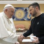 Pope Francis and Ukrainian President Volodymyr Zelenskyy shake hands after their meeting at the Vatican May 13, 2023. (CNS photo/Vatican Media)