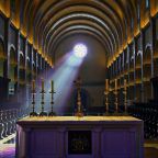 Light streams through a stained-glass window in the Norbertines' Church of Our Lady of the Assumption in Silverado, Calif., in this undated photo. (OSV News photo/courtesy St. Michael's Abbey)