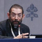 Bishop Daniel E. Flores of Brownsville, Texas, speaks at a news conference in the Vatican press office during the Synod of Bishops Oct. 3, 2024. (CNS photo/Robert Duncan)