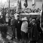 A casket with the body of Father Jerzy Popieluszko, Solidarity's trade union chaplain in communist Poland, is carried during his Nov. 3, 1984, funeral in Warsaw. The priest was murdered by Sluzba Bezpieczenstwa secret service agents Oct. 19, 1984. After being abducted, he was severely beaten, his body tied with ropes and thrown into the Vistula River. On Oct. 30, 1984, his body was dredged from a Vistula River reservoir. Pope Benedict XVI recognized Father Popieluszko's martyrdom Dec. 19, 2009, and he was beatified in 2010. (OSV News photo/courtesy Institute of National Remembrance IPN)