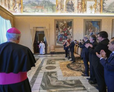 Pope Francis greets the educational engagement branch of the Italian lay Catholic Action movement during an audience at the Vatican Oct. 31, 2024. (CNS photo/Vatican Media)