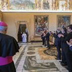 Pope Francis greets the educational engagement branch of the Italian lay Catholic Action movement during an audience at the Vatican Oct. 31, 2024. (CNS photo/Vatican Media)