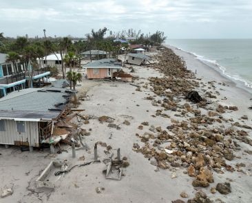 A drone view shows destroyed beach homes in Manasota Key, Fla., Oct. 11, 2024, after Hurricane Milton made landfall Oct. 9. As homeowners assessed damage to their property, about 2.2 million customers in Florida remained without power the morning of Oct. 11, according to poweroutage.us. (OSV News photo/Ricardo Arduengo, Reuters)