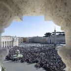 Visitors gather in St. Peter's Square to pray the Angelus with Pope Francis at the Vatican Nov. 3, 2024. (CNS photo/Vatican Media)