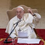 Pope Francis gestures as he speaks to staff and students of Rome's Pontifical Gregorian University, which now includes the Pontifical Biblical Institute and the Pontifical Oriental Institute Nov. 5, 2024. (CNS photo/Pablo Esparza)