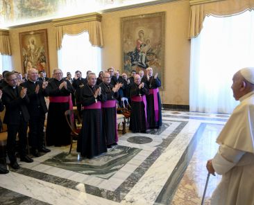 Pope Francis greets a group of bishops and seminarians from the province of Toledo, Spain, during a meeting at the Vatican Nov. 7, 2024.