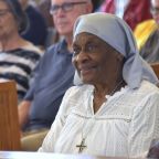 Sister Demetria Smith smiles during a Mass on Aug. 17, 2024, in the St. Augustine Home for the Aged chapel in Indianapolis honoring her 70th jubilee as a member of the Missionary Sisters of Our Lady of Africa. (OSV News photo/Natalie Hoefer, The Criterion)