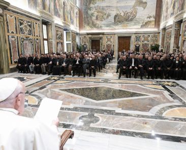 Pope Francis speaks to participants in a conference on martyrdom organized by the Dicastery for the Causes of Saints during a meeting at the Vatican Nov. 14, 2024. (CNS photo/Vatican Media)