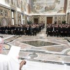 Pope Francis speaks to participants in a conference on martyrdom organized by the Dicastery for the Causes of Saints during a meeting at the Vatican Nov. 14, 2024. (CNS photo/Vatican Media)