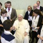 Pope Francis greets members of the "Écoles de Vie" ("Schools of Life"), a French association that organizes educational solidarity projects, during a meeting at the Vatican Jan. 10, 2025. (CNS photo/Vatican Media)