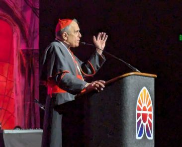 Cardinal Daniel N. DiNardo of Galveston-Houston speaks during a July 18, 2024, renewal impact session at the National Eucharistic Congress in Indianapolis. On Jan. 20, 2025, Pope Francis accepted the resignation of Cardinal DiNardo and named as his successor Bishop Joe S. Vásquez of Austin, Texas. (OSV News photo/Sean Gallagher, The Criterion)