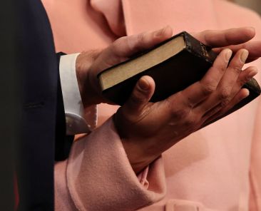 J.D. Vance takes the oath of office with his hand on a Bible that once belonged to his great-grandmother and is held by his wife, Usha Vance, as he is sworn in as vice president of the United States during inauguration ceremonies in the Rotunda of the U.S. Capitol Jan. 20, 2025, in Washington. (OSV News photo/Chip Somodevilla, Pool via Reuters)