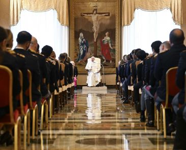 Pope Francis speaks to members of the Italian national police unit that patrols the area around the Vatican during an audience in the Apostolic Palace Jan. 23, 2025. (CNS photo/Vatican Media)