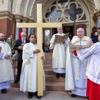 Bishop Edward J. Burns leads prayers on the steps of the National Shrine Cathedral of Our Lady of Guadalupe prior to processing inside for the celebration of the opening Mass for the Jubilee Year of Hope on Dec. 29, 2024. (Michael Gresham/The Texas Catholic)