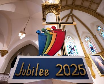 The Jubilee 2025 structure on display during a Sunday Mass with Fr. Jesus Belmontes at The National Cathedral Shrine in Dallas, on Jan. 19, 2025.