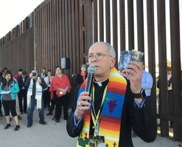 Bishop Mark J. Seitz of El Paso, Texas, is seen Feb. 26, 2019, at the U.S.-Mexico border wall. Bishop Seitz is currently  the chairman of the U.S. Conference of Catholic Bishops' Committee on Migration. (OSV News photo/David Agren)