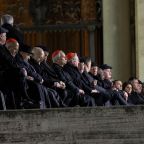 Cardinals living in Rome join Cardinal Víctor Manuel Fernández, prefect of the Dicastery for the Doctrine of the Faith, for the recitation of the rosary for Pope Francis in St. Peter’s Square at the Vatican Feb. 28, 2025. Pope Francis has been hospitalized since Feb. 14 with double pneumonia. (CNS photo/Pablo Esparza)