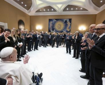 Pope Francis greets the heath care workers and medical staff who cared for him during his hospitalization during a meeting at the Vatican April 16, 2025. (CNS photo/Justin McLellan)