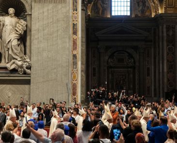 Cardinals process at the beginning of the Mass on the nine days of official mourning for Pope Francis, at the Altar of the Confession in St. Peter’s Basilica at the Vatican May 4, 2025. (CNS photo/Lola Gomez)