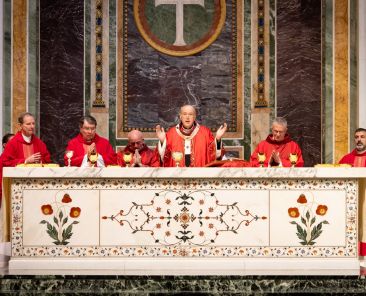 Washington Cardinal Robert W. McElroy, at center, concelebrates the 73rd annual Red Mass at the Cathedral of St. Matthew the Apostle in Washington Oct. 5, 2025. Also pictured are Bishop Michael F. Burbidge of Arlington, Va.; Cardinal Christophe Pierre, the apostolic nuncio to the United States; Deacon Robert Vince who serves at the cathedral; Archbishop Timothy P. Broglio of the Archdiocese for the Military Services, USA, who is president of the U.S. Conference of Catholic Bishops; and Washington Auxiliary Bishop Juan Esposito. (OSV News photo/Christopher Newkumet, John Carroll Society)