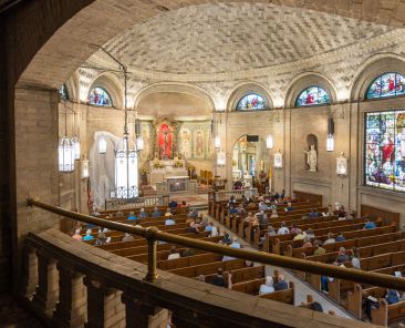 Parishioners and members of the public gather in St. Lawrence Basilica in Asheville, N.C., Oct. 17, 2025, for a "Restoration Celebration" to kickstart a massive restoration project for the 116-year-old basilica. The celebration featured speeches, prayer, tours and performance of a choral work composed by renowned Spanish architect Rafael Guastavino Sr., who designed and supervised the basilica's construction and is buried inside it. (OSV News photo/Gabe Swinney, Catholic News Herald)