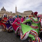 Dancers from Mexico who were attending the Jubilee of Bands and Popular Entertainment perform in St. Peter's Square at the Vatican before Pope Leo XIV leads the recitation of the "Regina Coeli" prayer May 11, 2025. (CNS photo/Pablo Esparza)