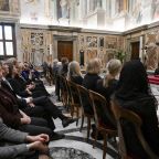 Pope Leo XIV meets with participants in a conference, "The Dignity of Children and Adolescents in the Age of Artificial Intelligence," in the Apostolic Palace at the Vatican Nov. 13, 2025. (CNS photo/Vatican Media)