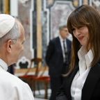 Pope Leo XIV greets Italian actor Monica Bellucci during a meeting with film directors and actors in the Clementine Hall of the Apostolic Palace at the Vatican Nov. 15, 2025. (CNS photo/Vatican Media)