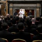 Pope Leo XIV meets at the Vatican with priests who staff nunciatures and other Vatican diplomatic missions around the world Nov. 17, 2025. (CNS photo/Vatican Media)