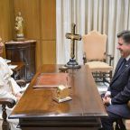 Pope Leo XIV meets with Illinois Gov. J.B. Pritzker in a room attached to the Paul VI Audience Hall at the Vatican Nov. 19, 2025. (CNS photo/Vatican Media)