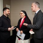 Argentine Dominican Sister María Lucía Caram Padilla is seen with Juan Carlos Cruz, Chilean member of the Pontifical Commission for the Protection of Minors, and Ukrainian President Volodymyr Zelenskyy in Madrid Nov. 18, 2025. Zelenskyy presented Sister Lucía with the Order of Princess Olga, III class, for her efforts in providing humanitarian aid and support since the beginning of the Russian invasion of Ukraine. Cruz is a supporter of the nun's humanitarian work. (OSV News/courtesy Office of the President of Ukraine)