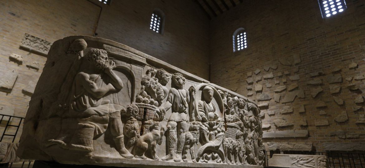 Ancient marble sarcophagus pictured in new museum in reconstructed 4th-century Basilica of St. Sylvester above Catacombs of Priscilla in Rome