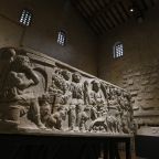 An ancient marble sarcophagus is pictured in a museum in the reconstructed 4th-century Basilica of St. Sylvester above the Catacombs of Priscilla in Rome Nov. 20, 2013. (CNS photo/Paul Haring)
