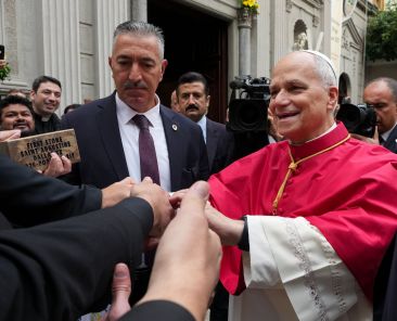 Pope Leo XIV greets priests from the Dioceses of Dallas at the Cathedral of the Holy Spirit in Istanbul Nov. 29, 2025. The group of priests arrived after a two-week pilgrimage to meet the pope during his visit to Turkey. (CNS photo/Lola Gomez)