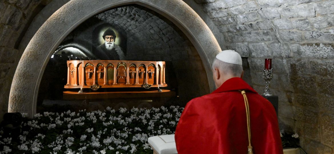 POPE LEO XIV AT THE TOMB OF ST. CHARBEL