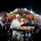 Pope Leo XIV greets the crowd from a mini popemobile during an event with Lebanese young people in the square in front of the Maronite Patriarchate of Antioch in Bkerké, Lebanon, Dec. 1, 2025. (CNS photo/Lola Gomez)