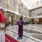 Pope Leo XIV accepts the letters of credential of Genevieve A. Kennedy as Liberia's new ambassador to the Holy See during an audience in the Clementine Hall of the Apostolic Palace at the Vatican Dec. 6, 2025. (CNS photo/Vatican Media)