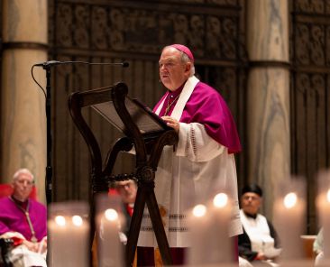 Archbishop Bernard A. Hebda of St. Paul and Minneapolis leads an interfaith prayer service at the Basilica of St. Mary in Minneapolis Aug. 28, 2025, following a shooting the previous day at Annunciation Catholic Church. A shooter opened fire Aug. 27 through the windows of the church adjacent to Annunciation Catholic School and struck children attending an all-school Mass during the first week of school, killing two and wounding 21 others. (OSV News photo/Tim Evans, Reuters)