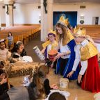 On Saturday morning the children from St. Rita Catholic Community in Dallas rehearsed for the production of Three Kings Play.  (l-r) Siena Colletti played the part of Second King, Zoe-Catherine Whitfield played the part of Third King, and Luke Wilhelm played the part of First King.