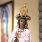 A statue of Mary with a crown, and a painting of Our Lady of Guadalupe are pictured at Sacred Heart Church in Prescott, Ariz., May 5, 2025. (OSV News photo/Bob Roller)