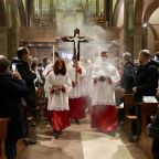 Altar servers process into the Basilica of San Babila in Milan at a Mass marking the arrival of the "Cross of Athletes" Jan. 29, 2026. The cross was entrusted to the Archdiocese of Milan by Athletica Vaticana, the Holy See's sports association, ahead of the 2026 Winter Olympic and Paralympic Games in Milan and Cortina d’Ampezzo. (OSV News photo/Archdiocese of Milan)