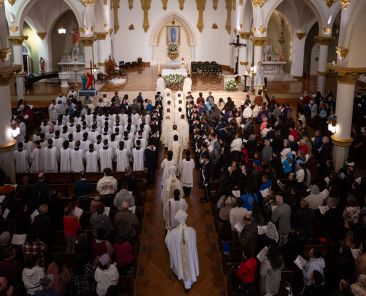 Bishop Edward Burns, bottom-center, and Bishop Greg Kelly processes into The National Shrine Cathedral for the 18th annual Pro-Life Mass in Dallas, on Jan. 18, 2025. Following the Mass, pro-life supporters participated in the North Texas Rally for Life outside of The National Shrine Cathedral, which hosted matachine dancers, live music and pro-life speakers.