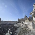 Pilgrims gather as Pope Leo XIV prays the Angelus in St. Peter's Square at the Vatican, Feb. 1, 2026. (CNS photo/Matteo Pernaselci, Vatican Media)
