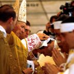 Archbishop Marcel Lefebvre presides at the 1988 ordinations of Bishops Richard Williamson, Bernard Tissier de Mallerais, Bernard Fellay and Alphonso de Galarreta in Econe, Switzerland. Archbishop Lefebvre and the four new bishops were excommunicated after participating in the ordination that had been forbidden by Pope John Paul II. Archbishop Lefebvre, who died in 1991, founded the Society of St. Pius X. (OSV News photo/Catholic Press Photo)