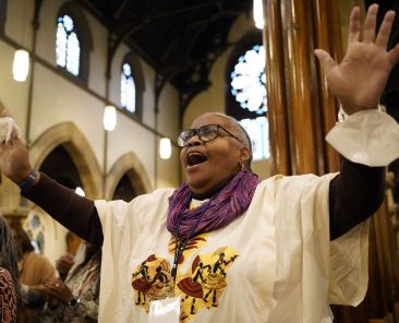 Joan Davenport of St. Thomas Aquinas Parish in Brooklyn, N.Y., reacts to praise and worship music during the inaugural New York Black Catholic Congress at Blessed Sacrament Church in New Rochelle, N.Y., Nov. 22, 2025. Two U.S. bishops in a Feb. 3, 2026, statement urged Catholics to be "faithful stewards of memory" and "courageous witnesses to truth" during Black History Month, observed in February. (OSV News photo/Gregory A. Shemitz)
